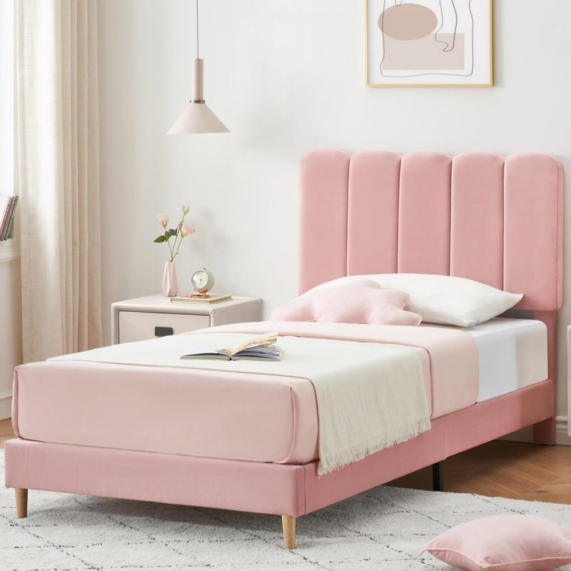 Structure de lit plateforme en velours avec tête de lit, Rose