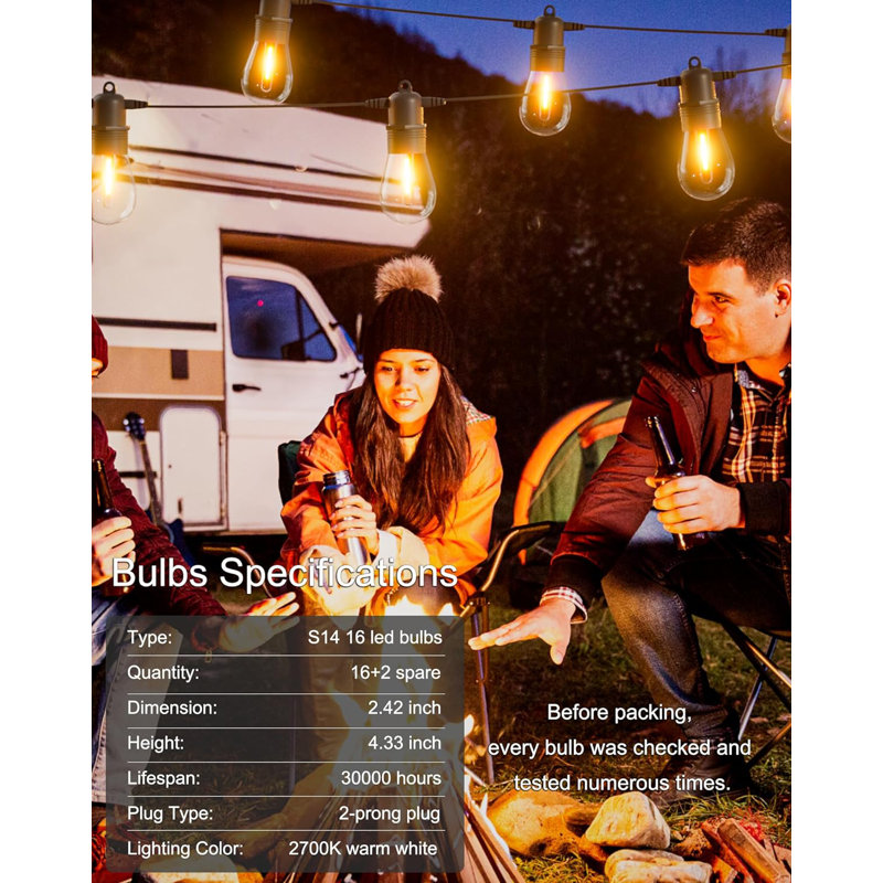 60FT Warm White LED Outdoor String Lights with Shatterproof Bulbs
