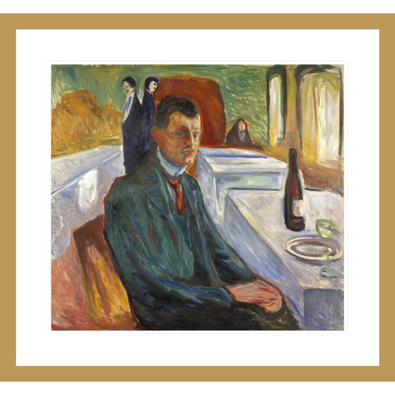 Autoportrait avec une bouteille de vin par Edvard Munch - Impression Giclée encadrée, H 23,5 po x l 25,22 po