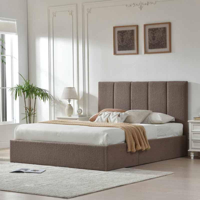 Juanetta Boucle Lift Up Storage Upholstered Platform Bed, Queen, Brown Boucle