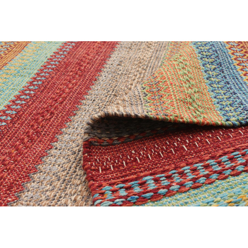 Tapis rouge / vert / beige en laine à motif géométrique fait à la main Kilim, Rectangle 4 pi x 5 pi 10 po