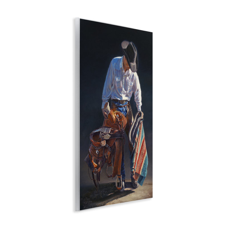 "Stoic Cowboy & Saddle", art mural par David Graham, H 19 po x l 13 po