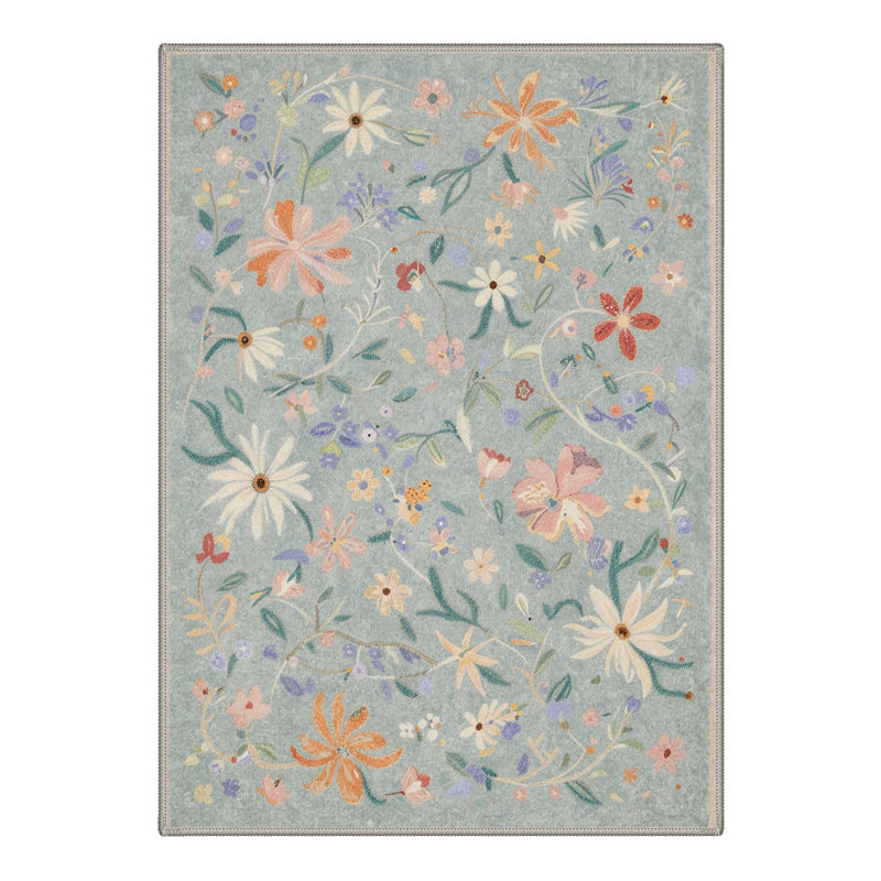 Abrahamson Wild Bloom Floral Machine Washable Blue / Green Indoor Area Rug with Non-Slip Backing, Round 5'