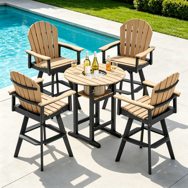 Ensemble de bar d'extérieur 5 pièces, fauteuil pivotant en PEHD et table à hauteur