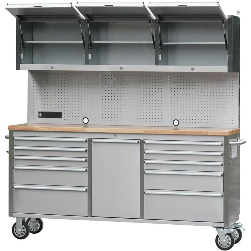 Coffre à outils AnorTrek 72 pouces avec 11 tiroirs + 3 armoires supérieures, organisateur de poste de travail mobile en acier inoxydable avec 6 bacs de rangement bleus
