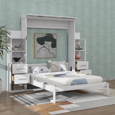 Grand lit escamotable mural avec tablettes intégrées, tiroirs et éclairage décoratif