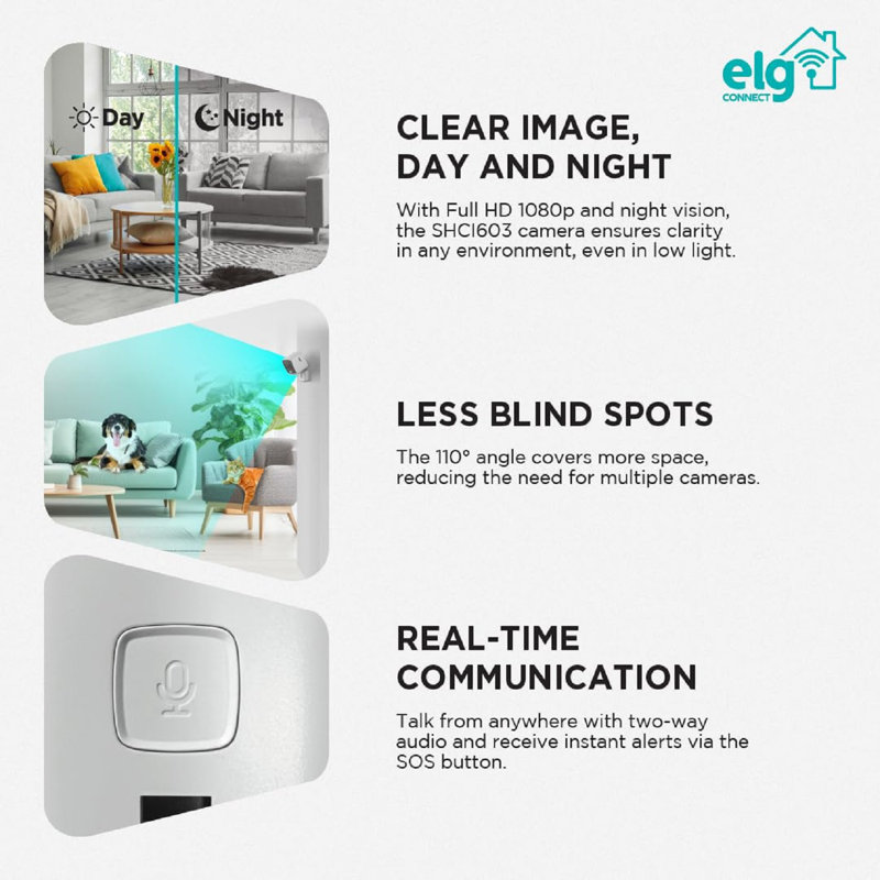 Caméra d'intérieur ELG intelligente avec sécurité HD Wi-Fi 1 080 P avec bouton de détection de mouvement et vision nocturne (quatre unités)