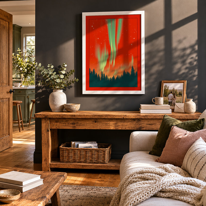 Aurora Over Silent Forest Scandinavian - Framed Print, A4 - 29.7 x 21.0 cm, White