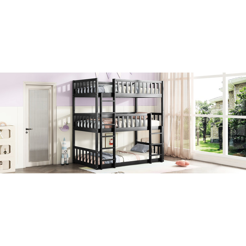 Lit superposé triple détachable en bois d'hévéa noir - pour une chambre spacieuse avec structure pour, Noir