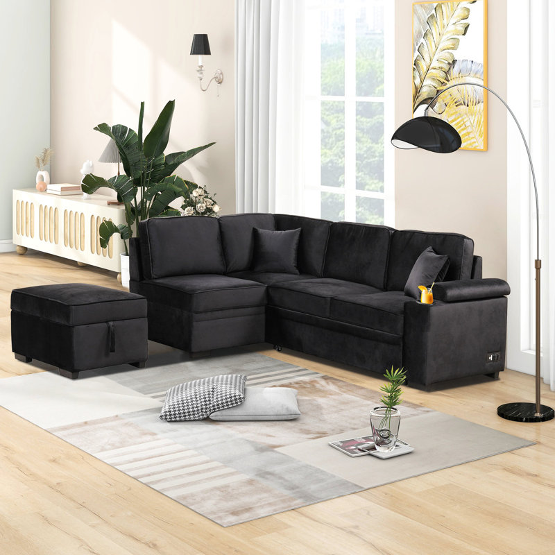Lit noir de 83,55 po avec rangement, canapé-lit 2 en 1 pour le salon. Structure en contreplaqué, rembourrage en mousse souple, rangement confortable pour canapé-lit, base convertible, confort et style rembourrés