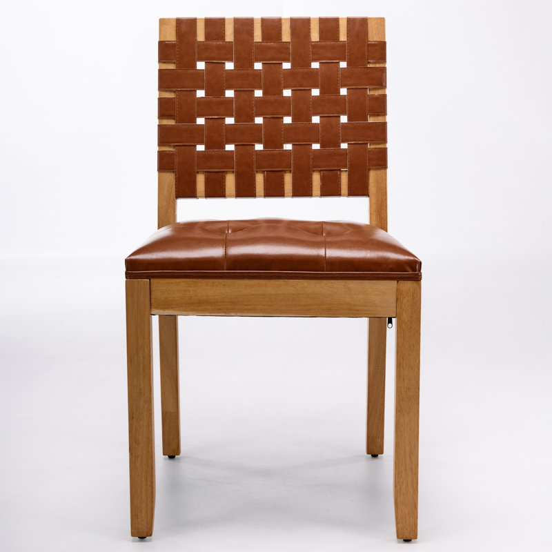 Ensemble de 2 chaises de salle à manger marron de style milieu du siècle, dossier en similicuir tissé, assise capitonnée rembourrée en mousse haute résilience, structure en hévéa massif pour la décoration intérieure