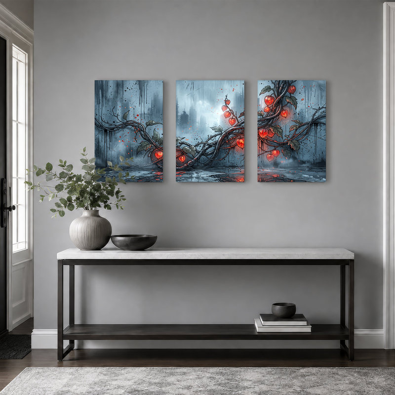 Ensemble de 3 toiles de lanternes chinoises rouges dans un paysage urbain dystopien, H 30 po x l 20 po x 3 pièces