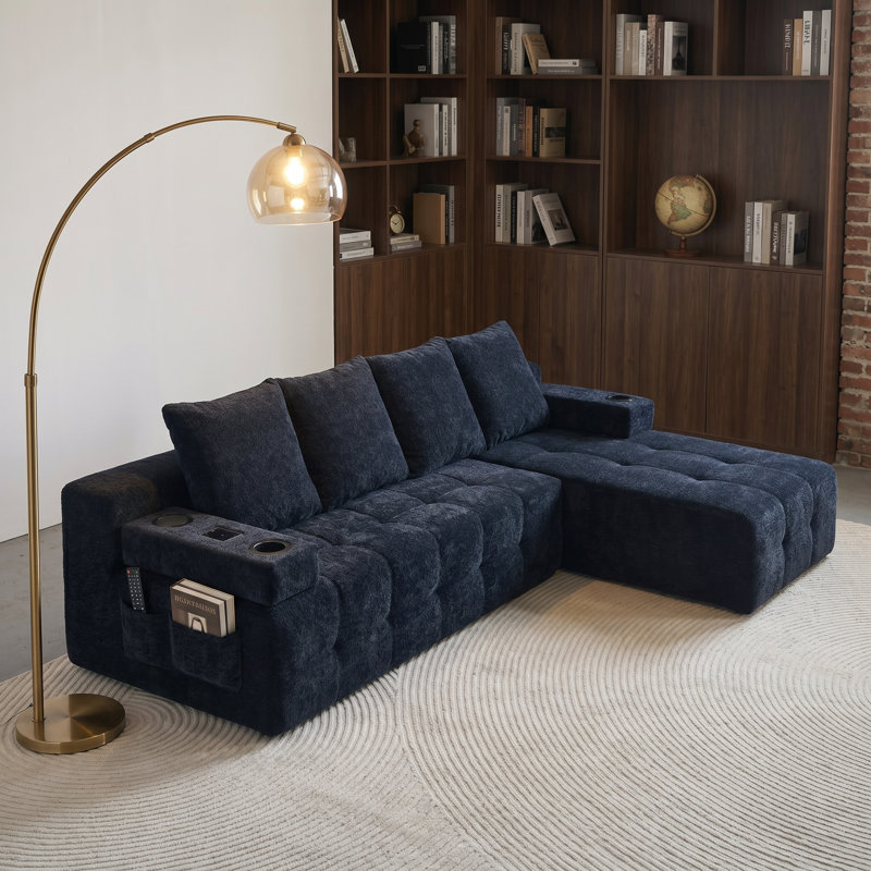 Compressed L-shaped Sectional Sofa With Side Pockets,wireless Charging Device, Two Usb Charging Ports, One Cup Holder, Bluetooth Speaker,reversible Lounge Chaise, Chenille Material,black Color