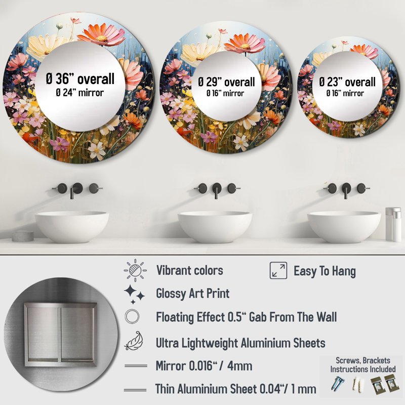 Meadow Impressionistic Blooms Pointillism I - miroir mural Meadow, miroir décoratif rond traditionnel, impression d'art en métal