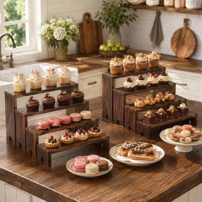 Wooden Tiered Display Riser Set of 2, Stackable Cupcake Stand with Rustic Finish