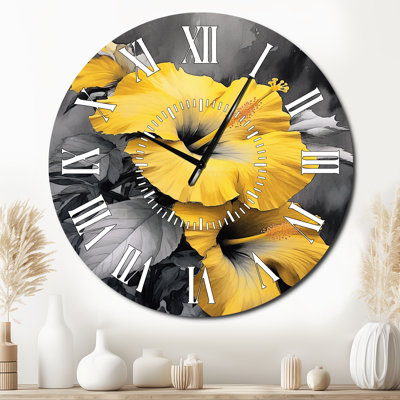 Yellow And Grey Hibiscus Serenade I - Hibiscus White Face Wall Clock