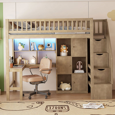 Lit mezzanine simple en bois avec bureau intégré, DEL, tablettes de rangement, armoires et escalier, noyer