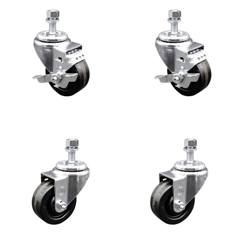 Ensemble de roulettes à tige filetée 3,5 pouces pivotante de 3,5 mm à 2 freins SCC