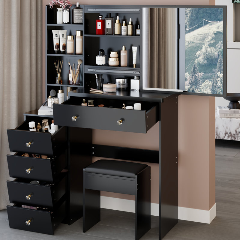 Table de chevet gauche 37 po avec tabouret rembourré et grand miroir coulissant, rangement à grande capacité, design américain, tabouret noir pour espaces moyens, 24 po x 22 po