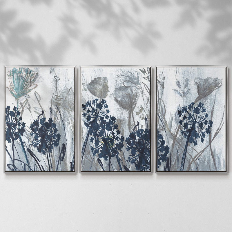 Indigo champ, reproduction sur toile 3 pièces, H 36 po x l 75 po x P 2 po, Argent