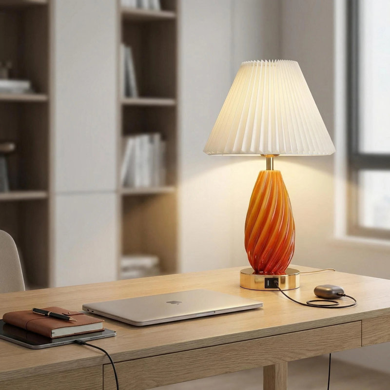 Mid-Century Modern Orange Twist Resin Table Lamp With Usb Charging Port – Cream Pleated Shade, Gold Base, For Bedroom, Living Room, Office