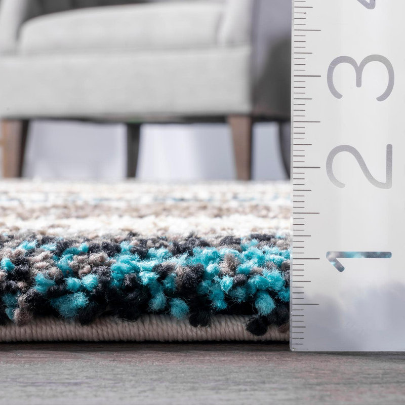 City Striped Shag Tufted Performance Brown/Teal/Blue Rug, Rectangle 12' x 18'