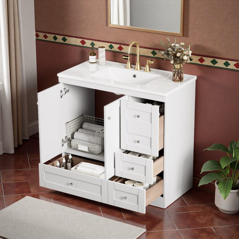 Meuble-lavabo sur pieds 36 po avec lavabo en céramique, Blanc
