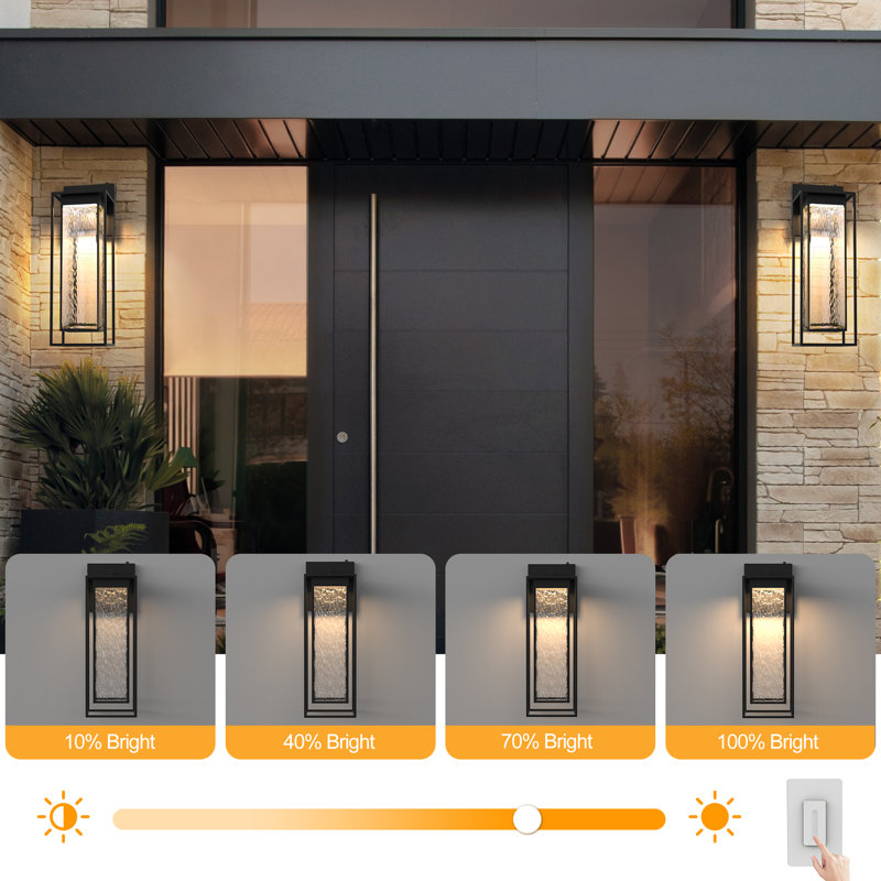 1 - Light 28''H Dimmable Led Black Iron and Water Ripple Glass Outdoor Wall Light with  Dusk to Dawn, Matte Black
