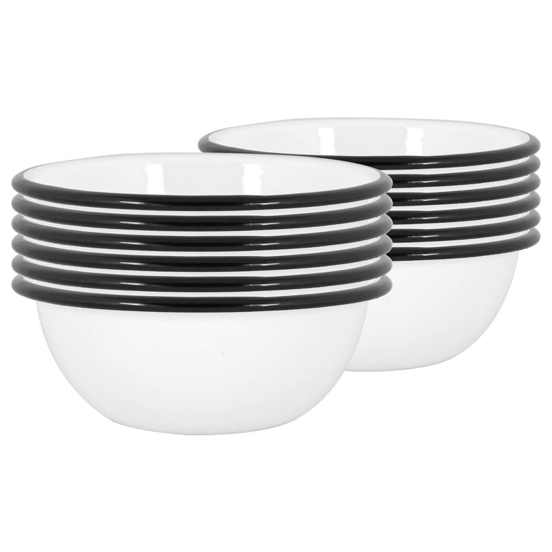 Argon Tableware - White Enamel Bowls - 16cm - Set of 12, Black