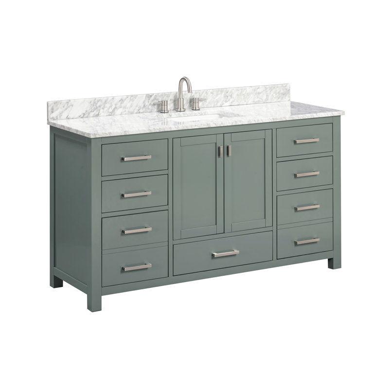 Meuble-lavabo simple 60 po avec plateau Souther, Vert fumée, Nickel brossé, Marbre blanc de Carrare
