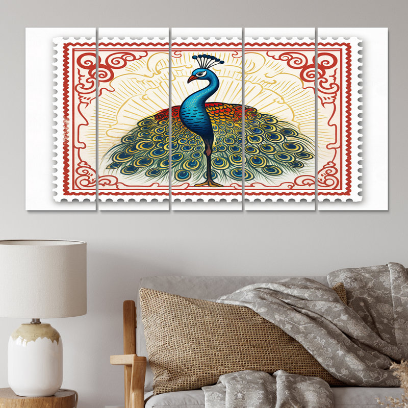Illustration de timbre de Glorious Peacock IV - reproduction d'art sur toile, 5 panneaux égaux