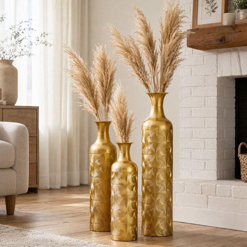 Ensemble de 3 grands vases de plancher avec écailles dorées, vases embossés en métal fabriqués à la main, Gold