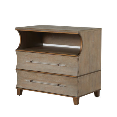 Evonne 2 - Drawer Solid Wood Nightstand in Cerused Natural Gray/Antique Bronze/Clear