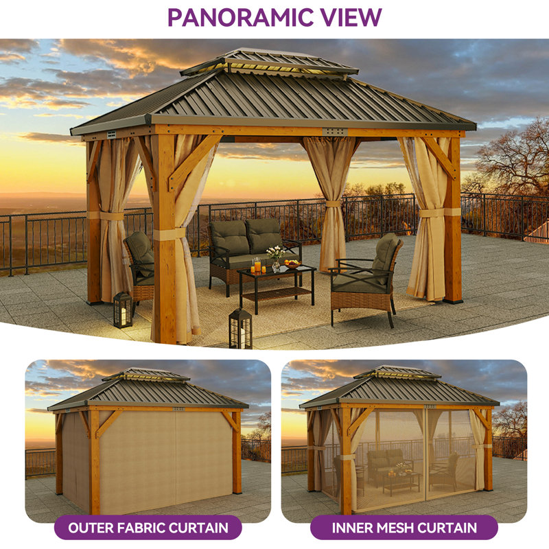 Solid Wood Patio Gazebo with Double Roof Hardtop and Curtains, 13ft W x 11ft D