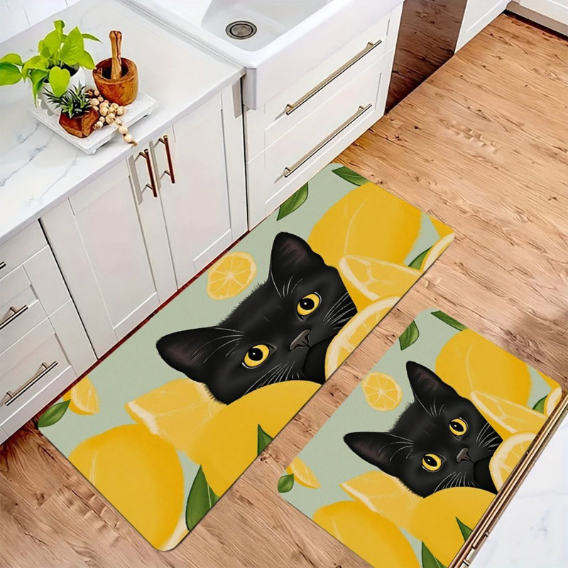 Tapis de cuisine noir à motif de citronniers à motif citron noir, paquet de 2 jaune-vert