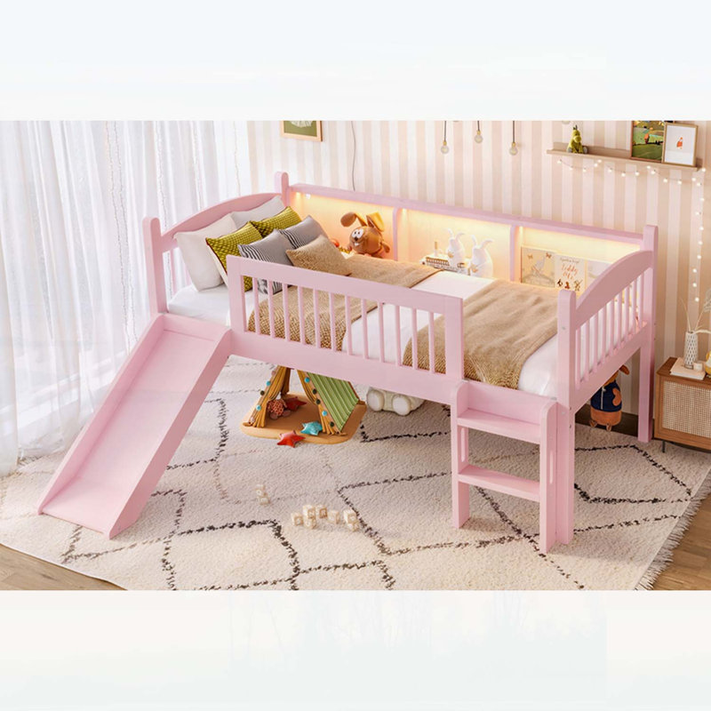 Lit mezzanine simple avec tablettes de rangement, lit mezzanine inférieur en bois massif avec lumières DEL et garde-corps pleine longueur, aucun sommier tapissier requis, rose