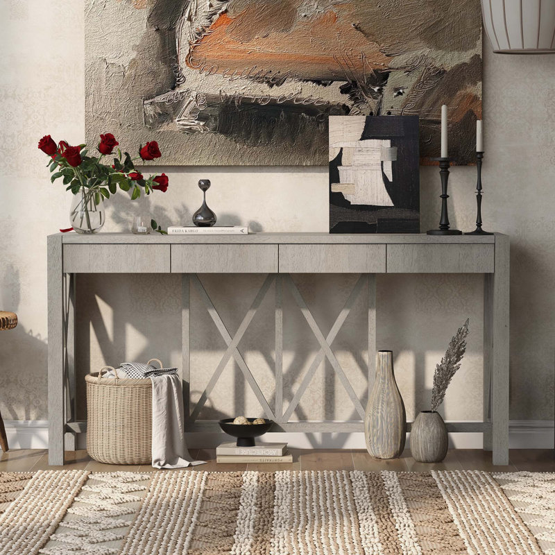 Console en placage de 60 po avec 4 tiroirs spacieux et rangement inférieur, canapé de style campagnard pour salon, cuisine, salle à manger, couloir