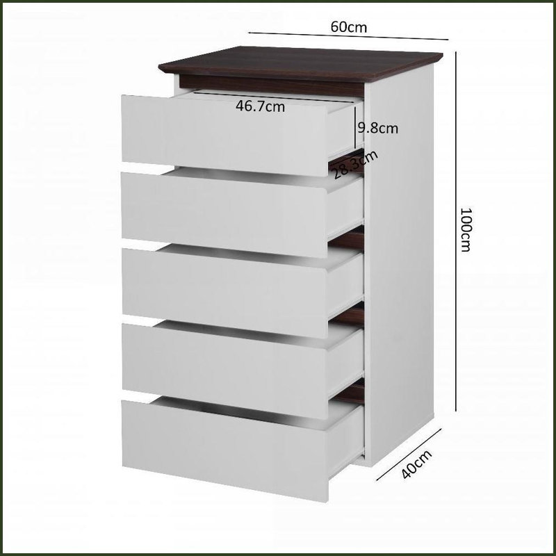 Commode de rangement moderne à 5 tiroirs pour commode, blanc et amp; Noyer | Panneau de particules | Blanc