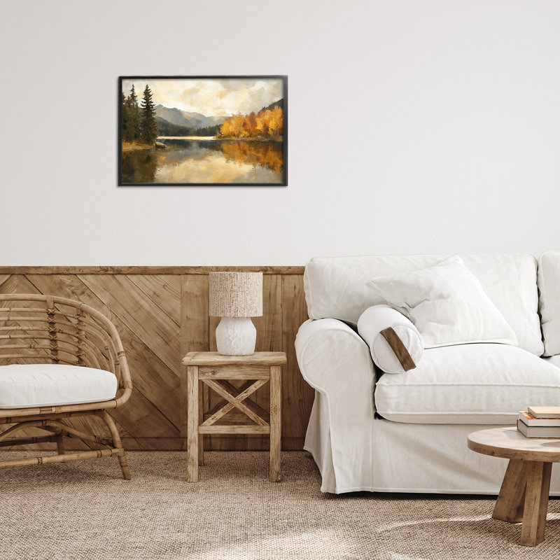 «Peaceful Autumn River Scenery», estampe numérique par Petal Prints Design, H 12 po x l 18 po, Giclée encadrée noir minuit