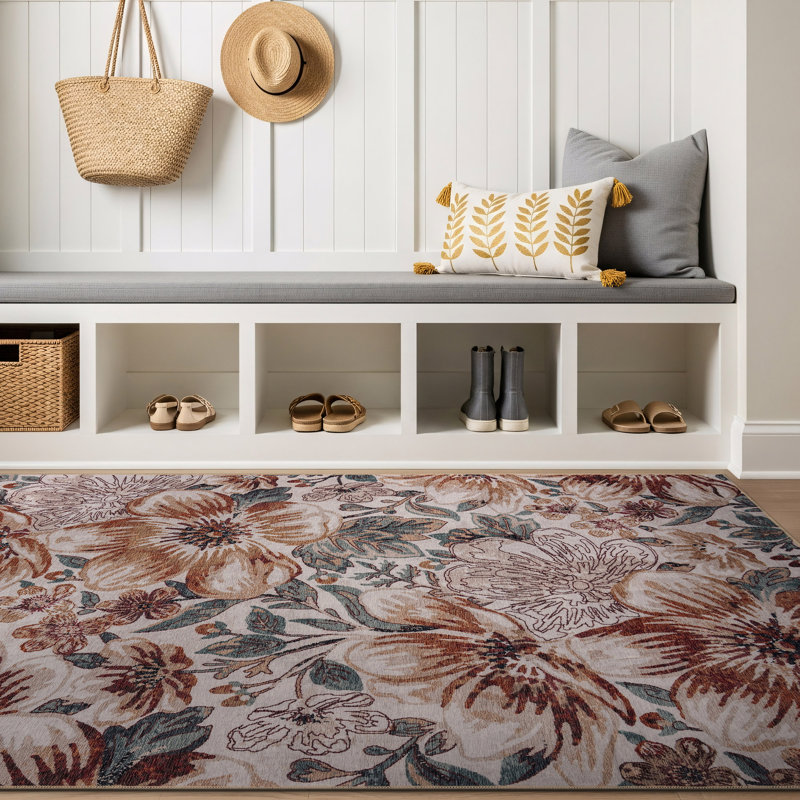 Tapis ivoire en polyester lavable à la machine Botanical Bloom, Crème, 3 pi 3 po x 5 pi