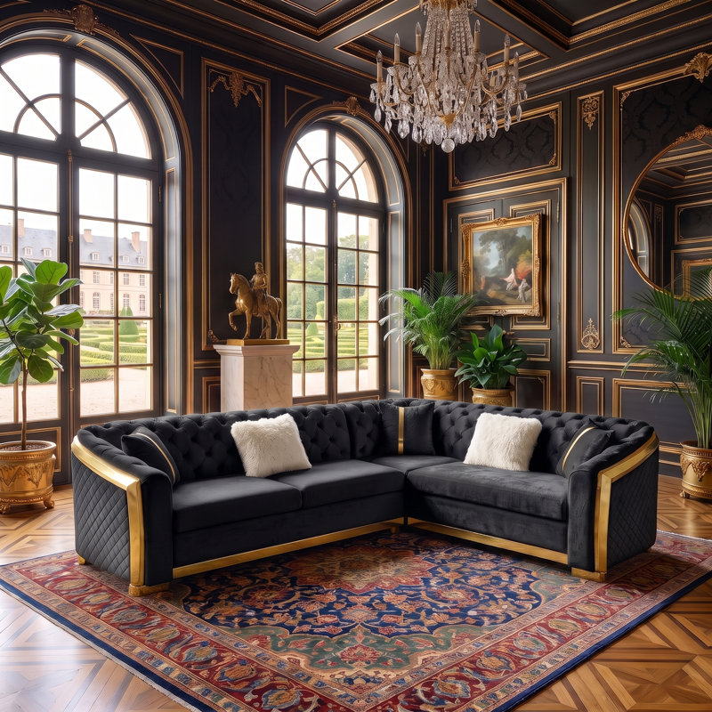Canapé modulaire en L 106 po Chesterfield, capitonné à boutons avec coussins pour le salon, facile à assembler, Black