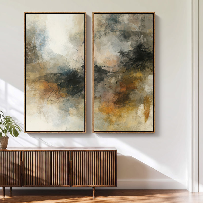 Neutral Earth Tone Abstract Composition Wall Art for Office – Set of 2 Framed Wall Art Print on Canvas 60"x20"x2, 60"x30"x2