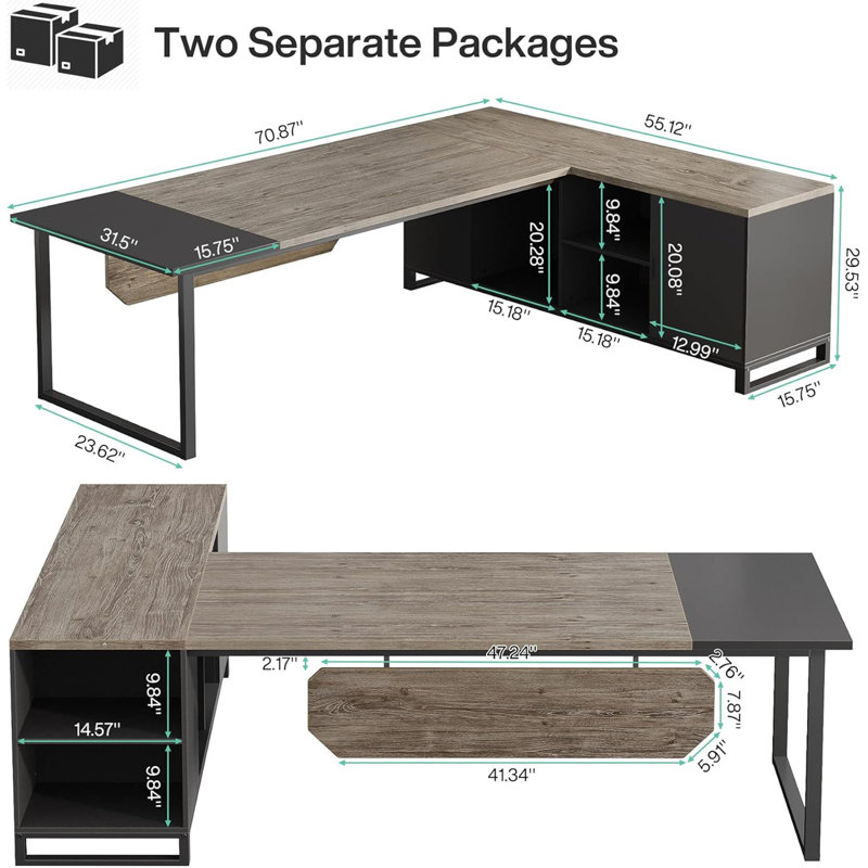 70.8" L-Shaped Executive Desk with 55" File Cabinet, Large Industrial Computer Workstation with Storage, Corner Office Desk for Home & Business, Retro Gray & Black