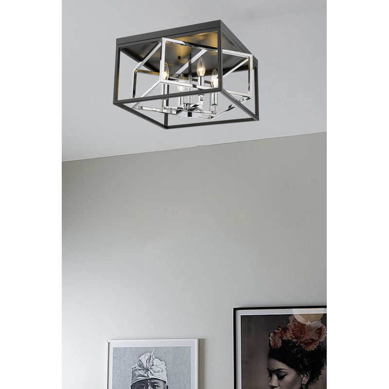 Modern 4 Light Black Square Flush Mount, Black/Chrome