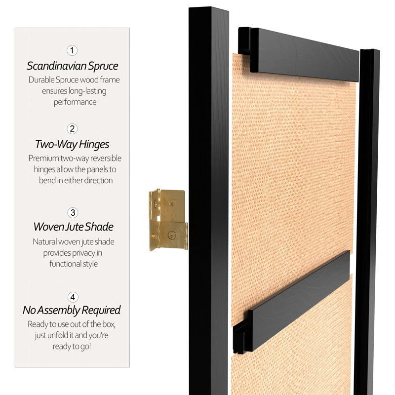 71" H Jute Shoji Room Divider, Black, 3