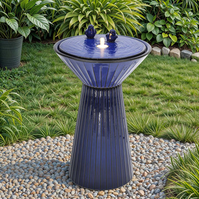 28"H Pedestal Birdbath Ceramic Outdoor Fountain with LED Light