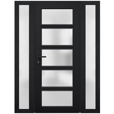 Porte d'entrée extérieure prémontée en fibre de verre, verre dépoli, Manux 8002, noir mat, 2 fenêtres latérales extérieures, portes pour bureaux, commerces et habitations, entrée, patio, garage - L 16+36+16 x H 80 - Ouverture à droite vers l'intérieur