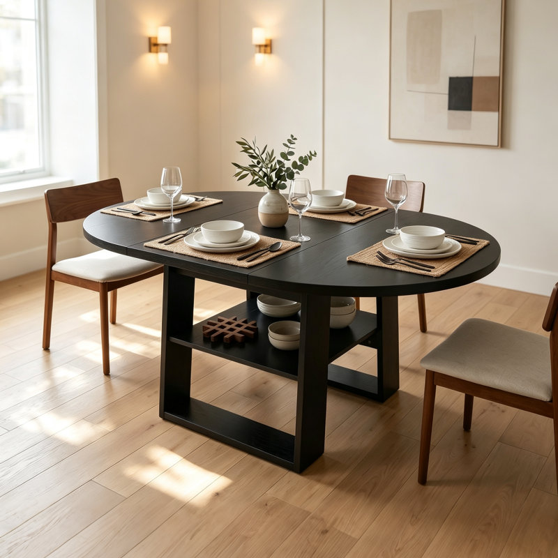 Table de salle à manger extensible ronde 59 "avec rallonge papillon et tablette de rangement 59", Noir