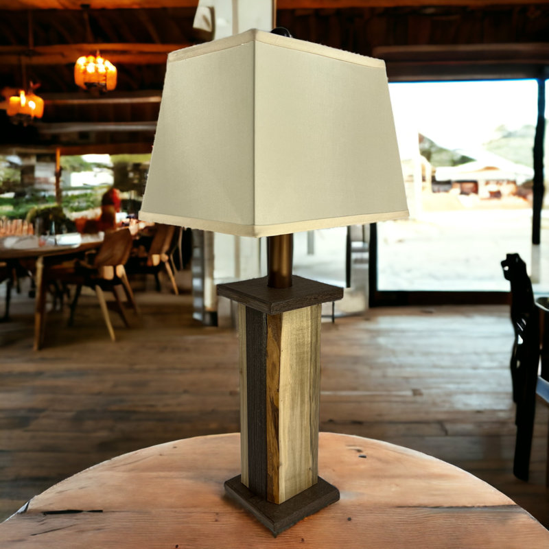 Battery Powered Live Edge Wood Table Lamp. Textured Poly Lumber Core with Live Edge Wood Panels, Black Walnut