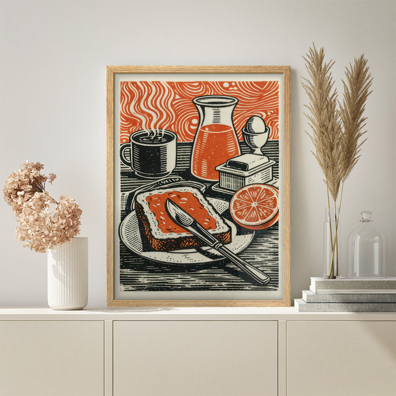 Retro Breakfast Still Life Framed Wall Art Prints - Coffee Toast Kitchen Dining Room, H 14 po x l 11 po, Naturel